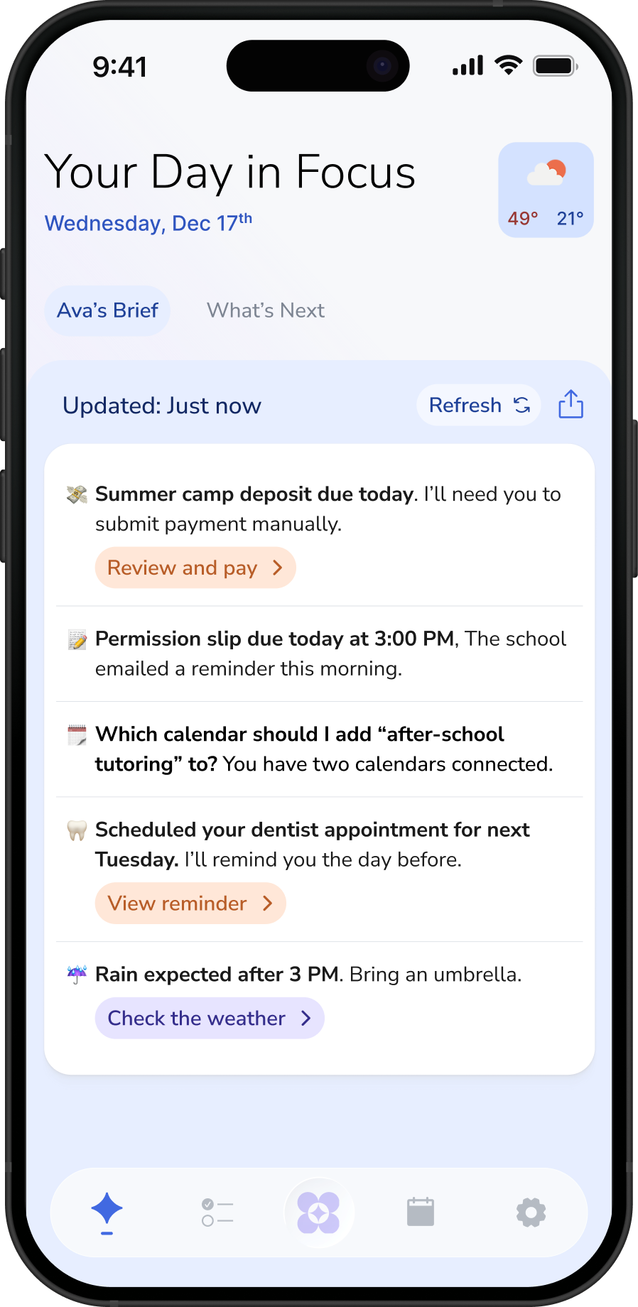 AVA app showing the daily family planning interface